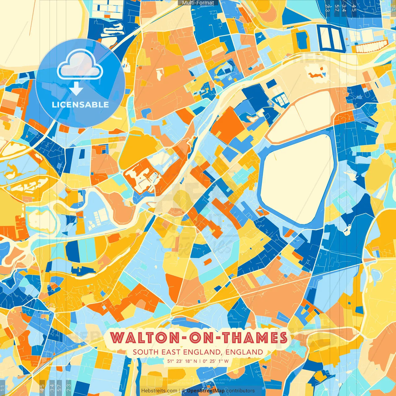 Walton-on-Thames, South East England, England blue and orange vector art map template