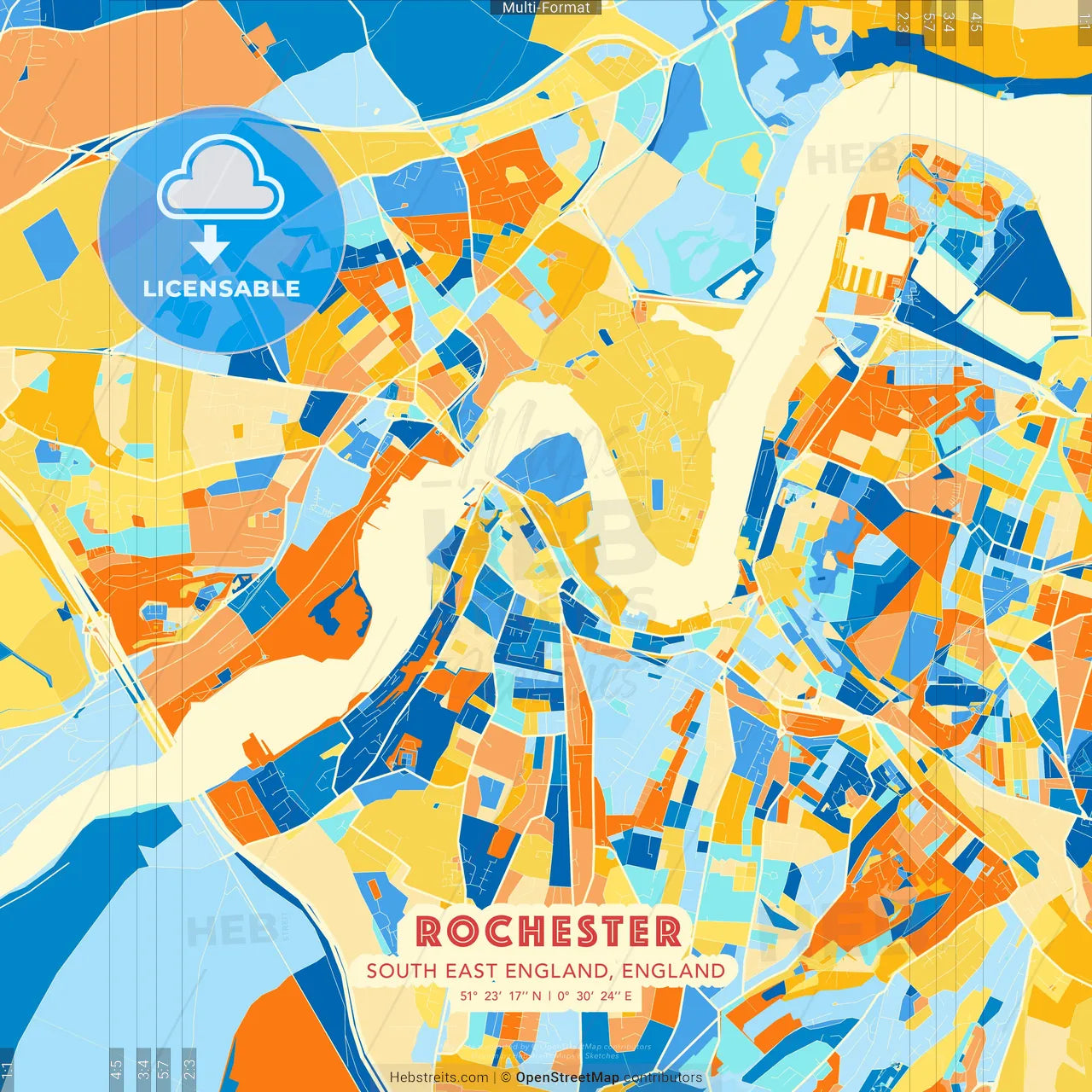 Rochester, South East England, England blue and orange vector art map template