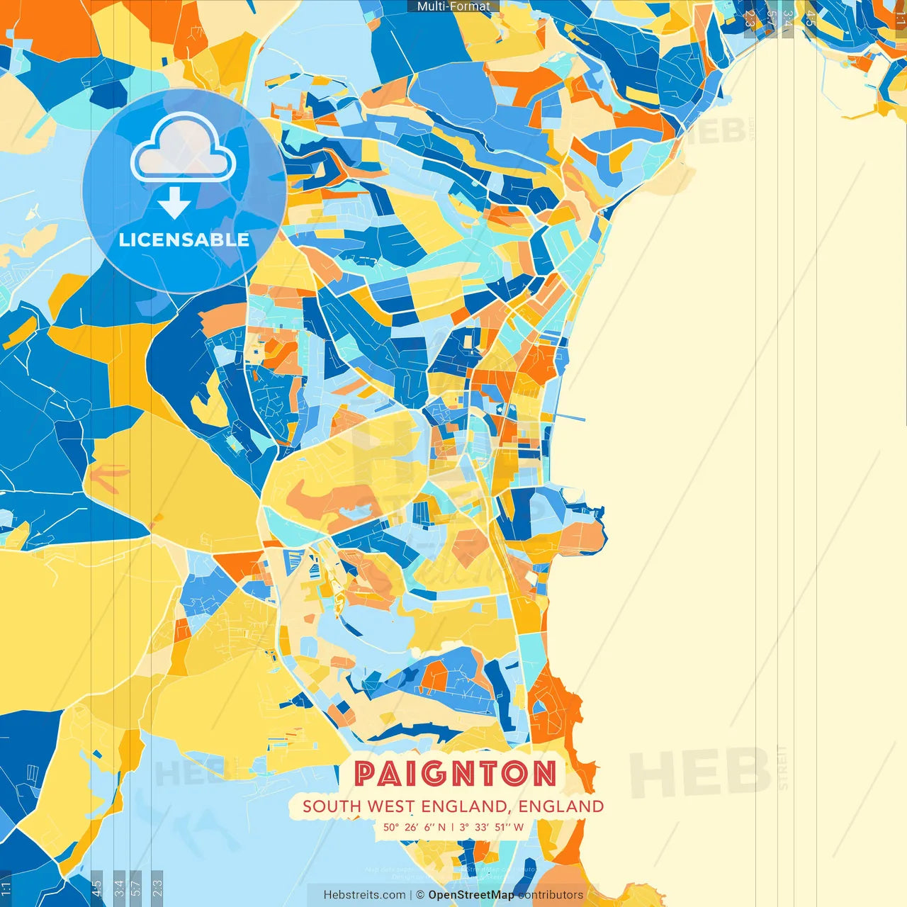 Paignton, South West England, England blue and orange vector art map template