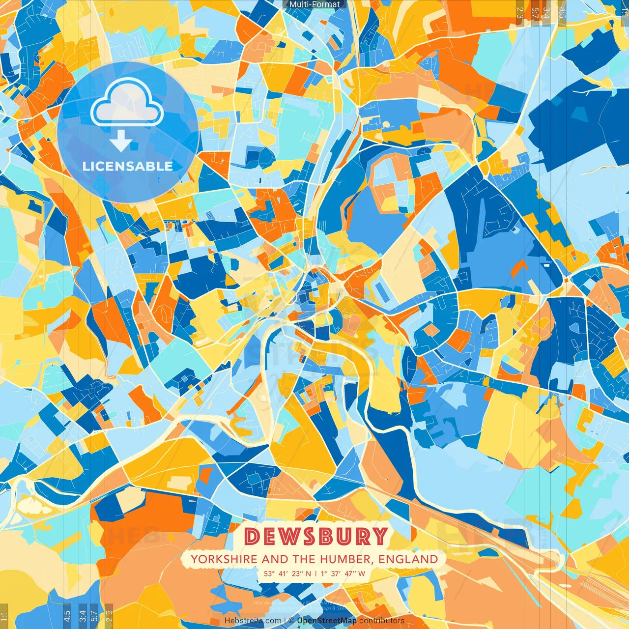 Dewsbury, Yorkshire and the Humber, England blue and orange vector art map template