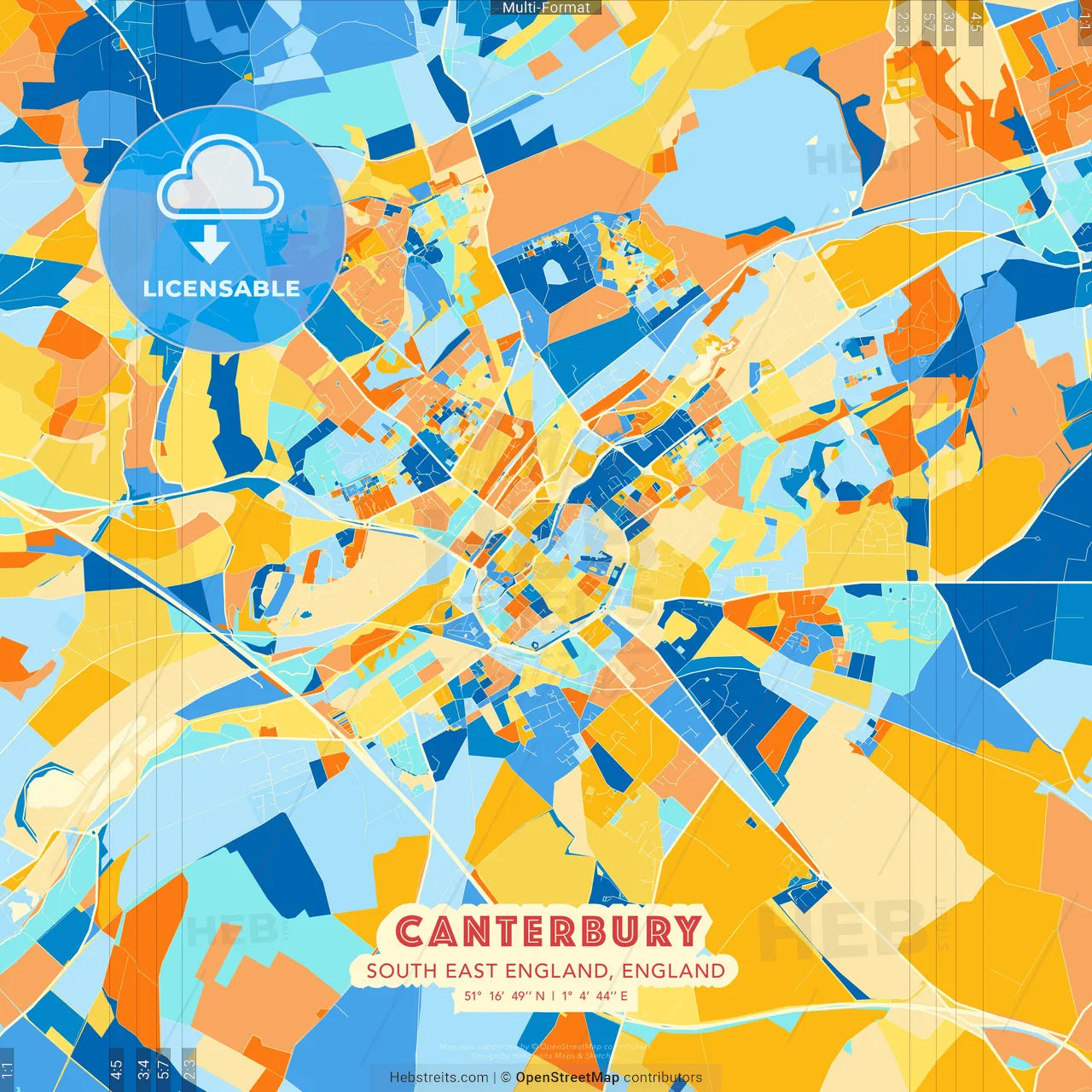 Canterbury, South East England, England blue and orange vector art map template