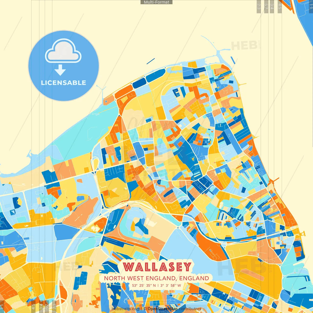 Wallasey, North West England, England blue and orange vector art map template