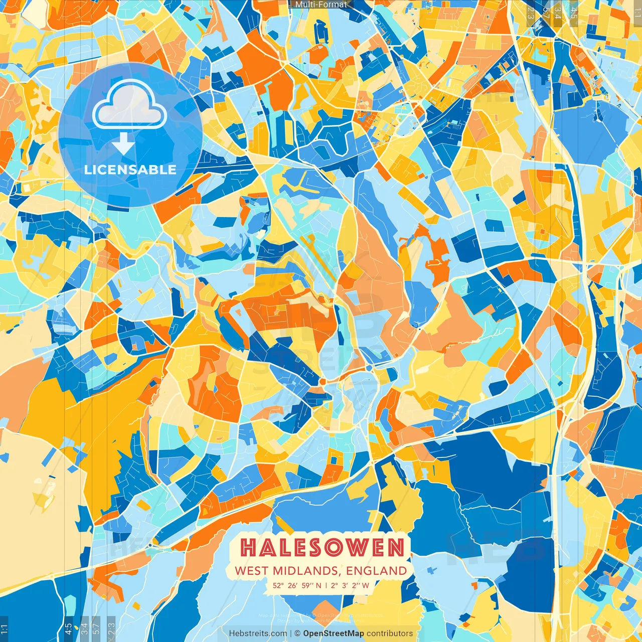 Halesowen, West Midlands, England blue and orange vector art map template