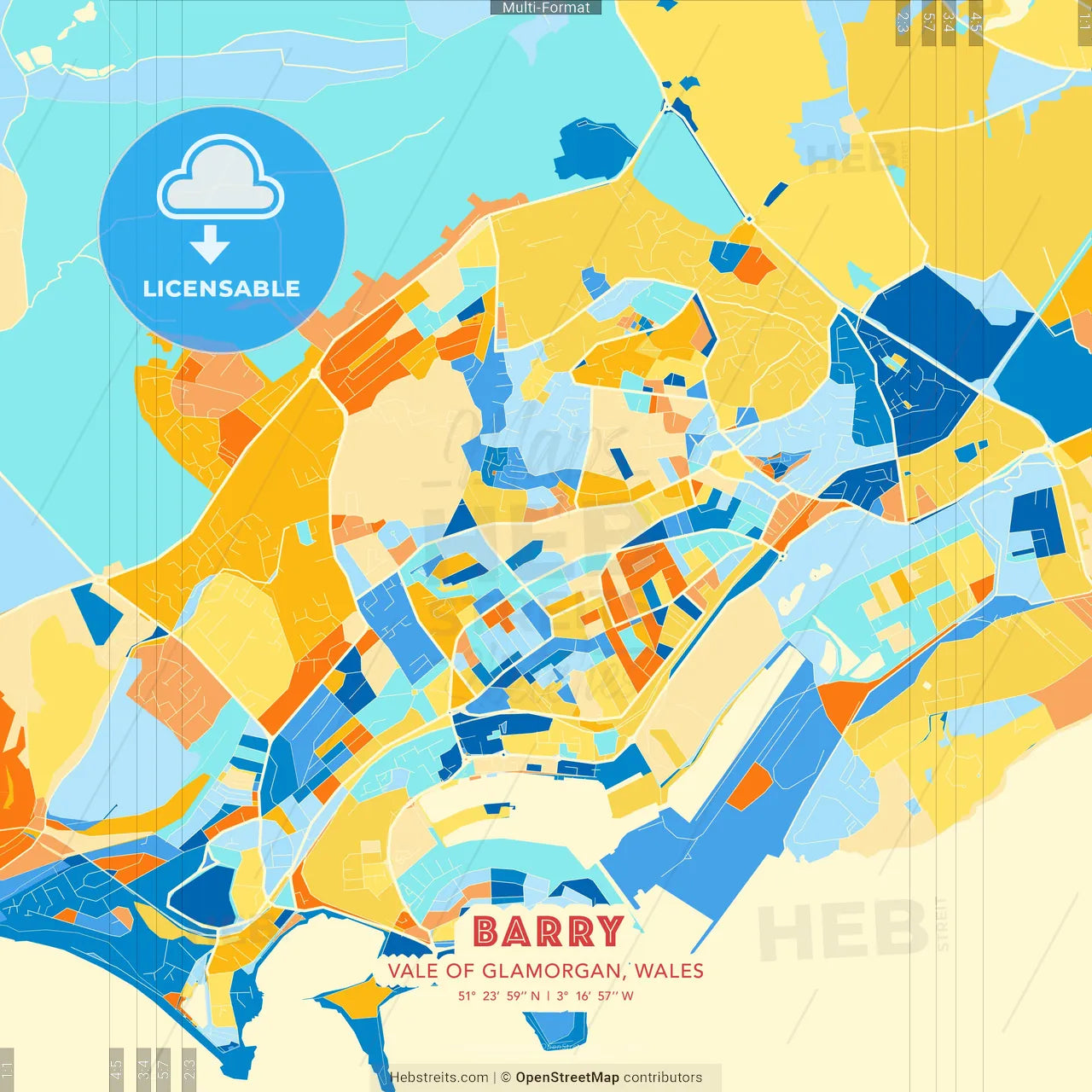Barry, Vale of Glamorgan, Wales blue and orange vector art map template
