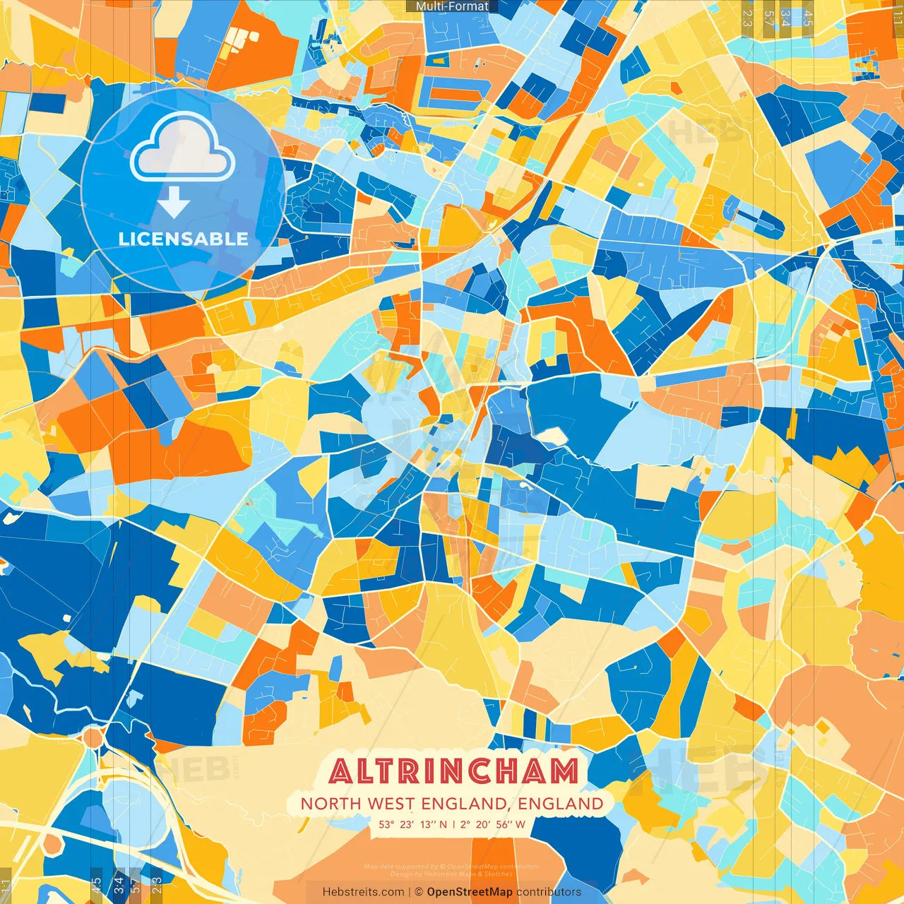 Altrincham, North West England, England blue and orange vector art map template