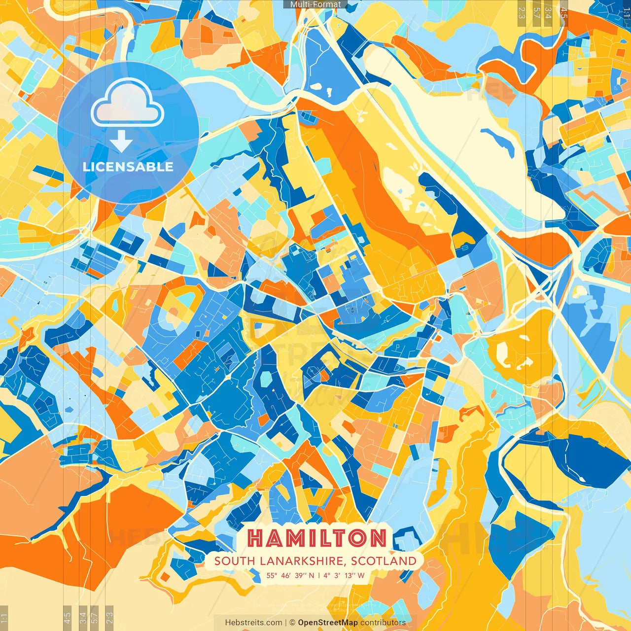 Hamilton, South Lanarkshire, Scotland blue and orange vector art map template