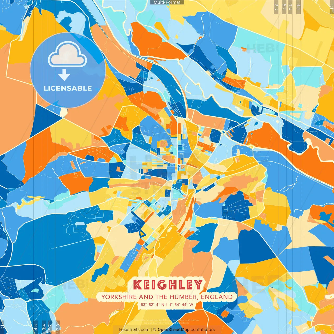Keighley, Yorkshire and the Humber, England blue and orange vector art map template