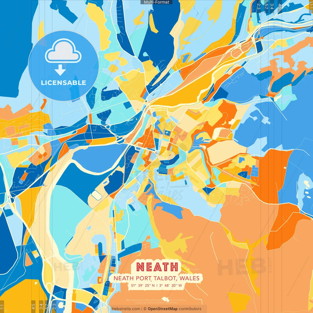 Neath, Neath Port Talbot, Wales blue and orange vector art map template