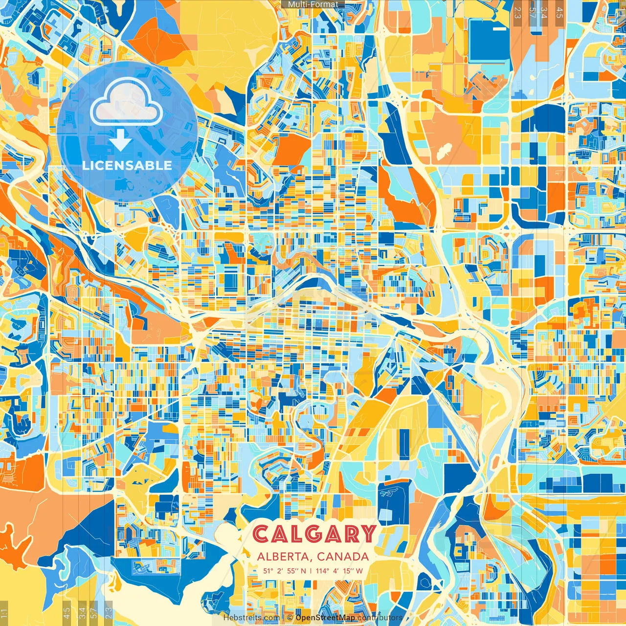 Calgary, Alberta, Canada blue and orange vector art map template