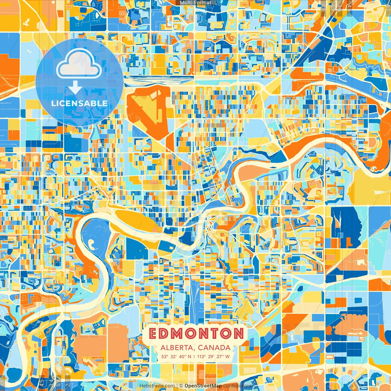 Edmonton, Alberta, Canada blue and orange vector art map template