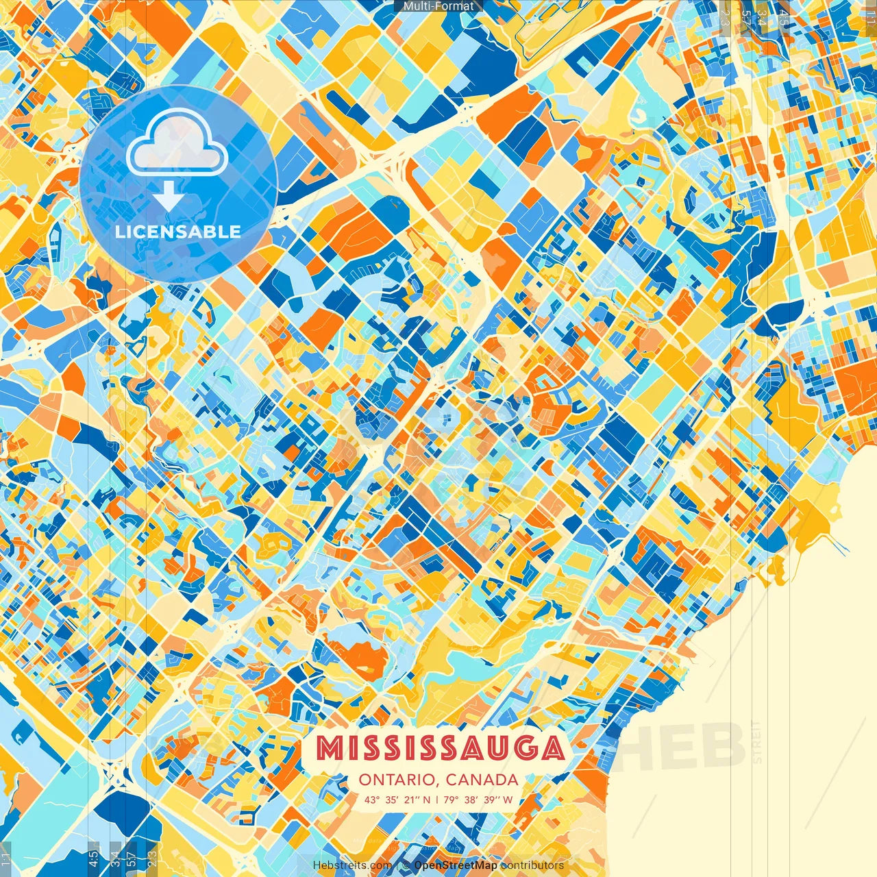 Mississauga, Ontario, Canada blue and orange vector art map template