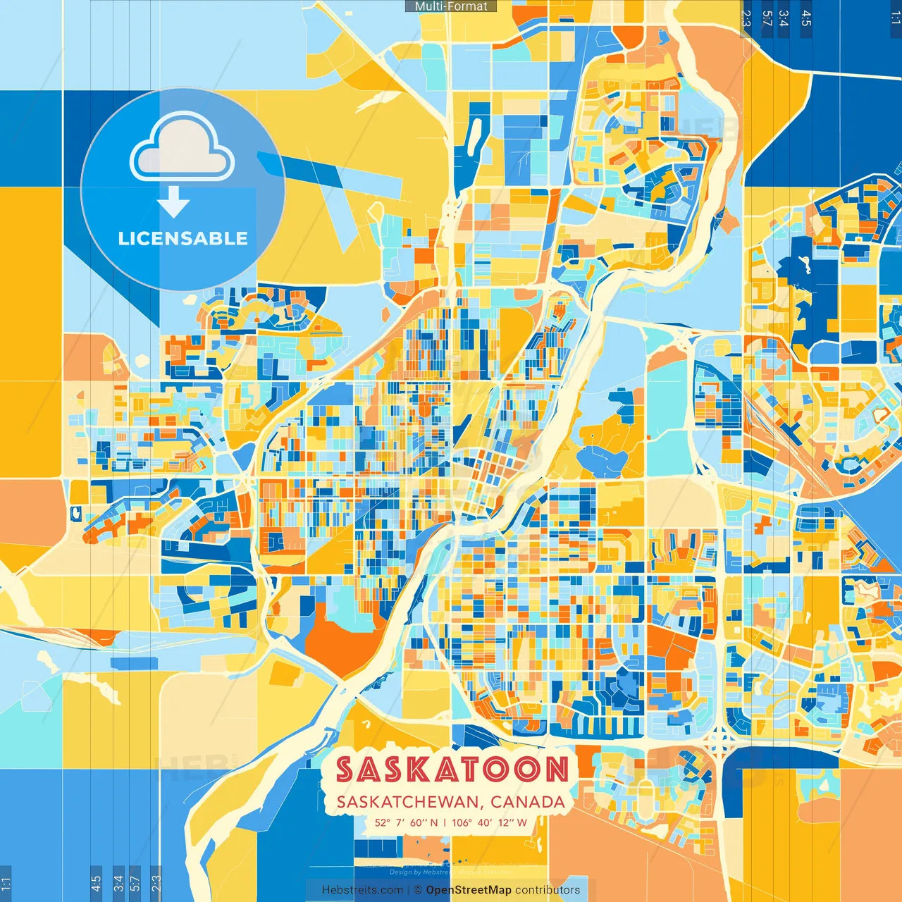 Saskatoon, Saskatchewan, Canada blue and orange vector art map template