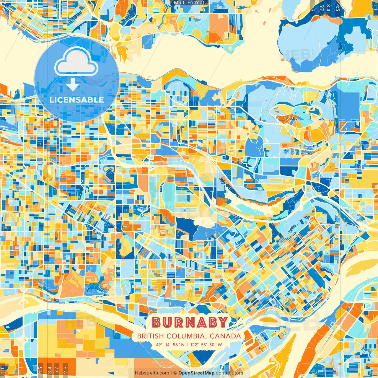 Burnaby, British Columbia, Canada blue and orange vector art map template