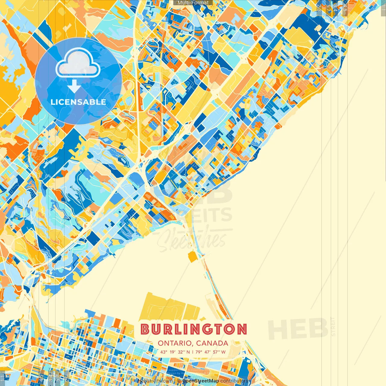 Burlington, Ontario, Canada blue and orange vector art map template