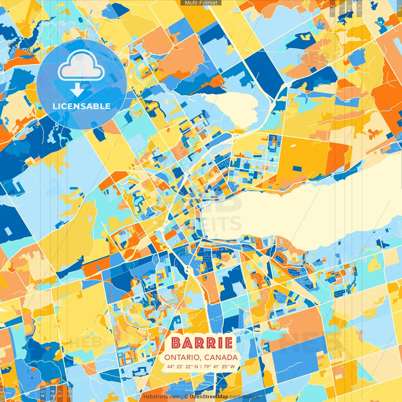 Barrie, Ontario, Canada blue and orange vector art map template