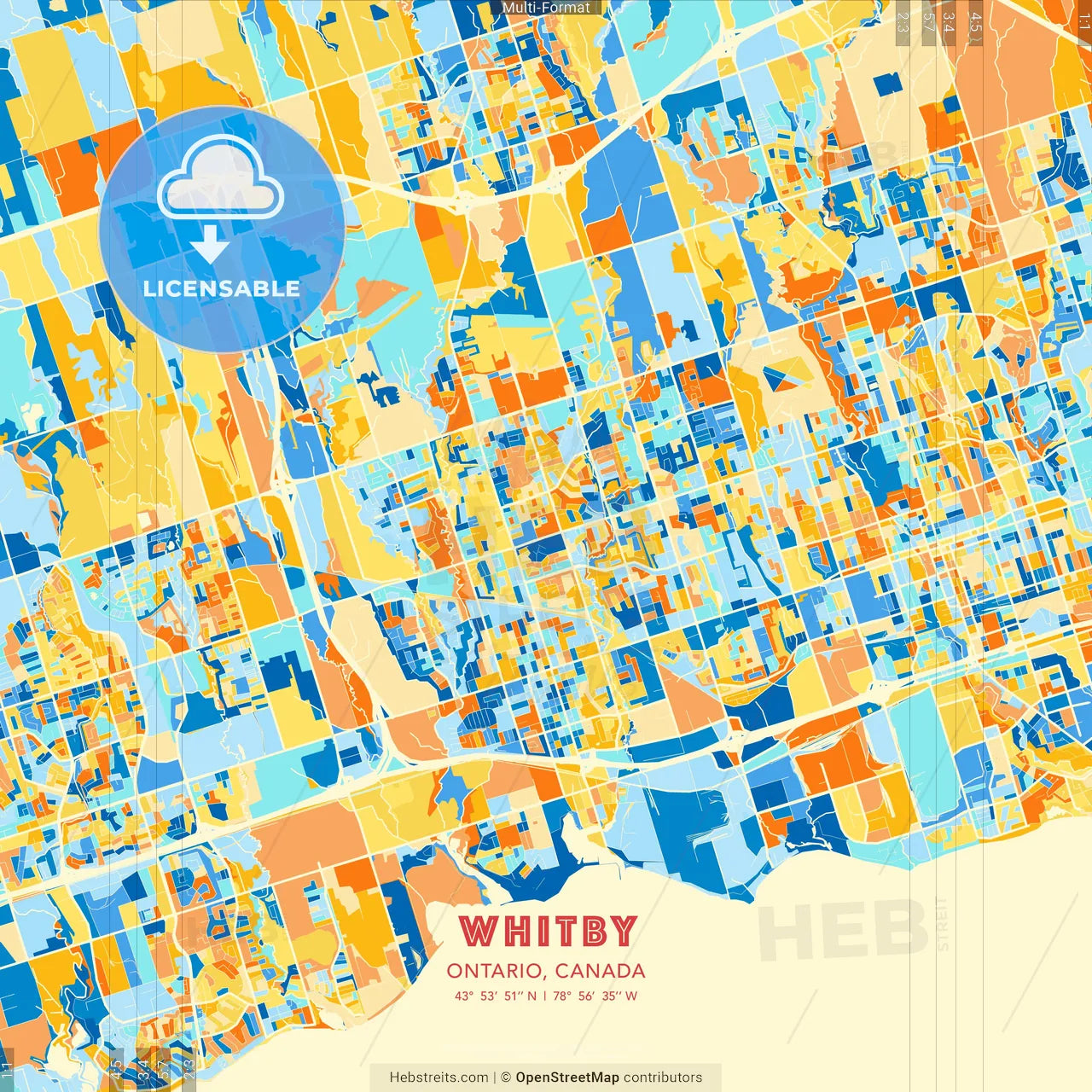 Whitby, Ontario, Canada blue and orange vector art map template