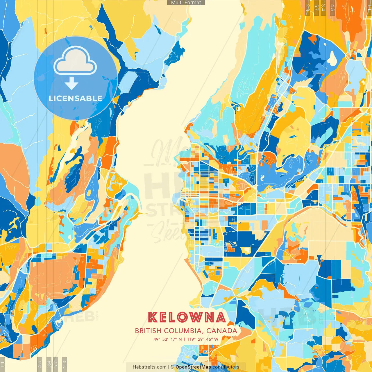 Kelowna, British Columbia, Canada blue and orange vector art map template