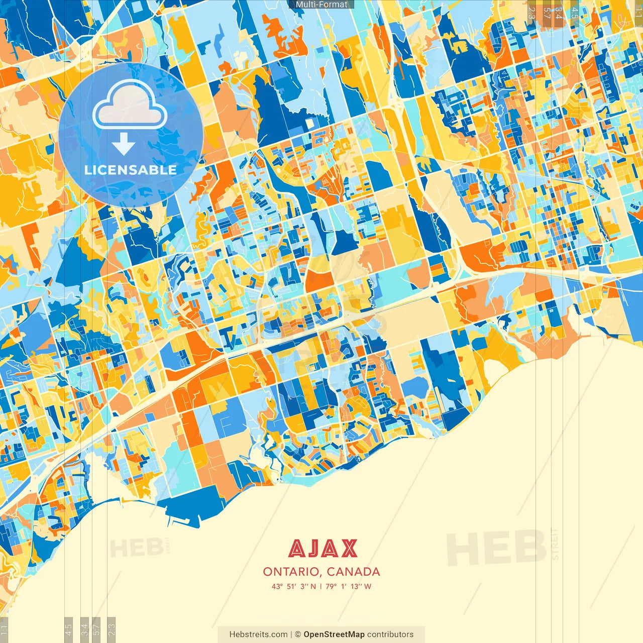 Ajax, Ontario, Canada blue and orange vector art map template