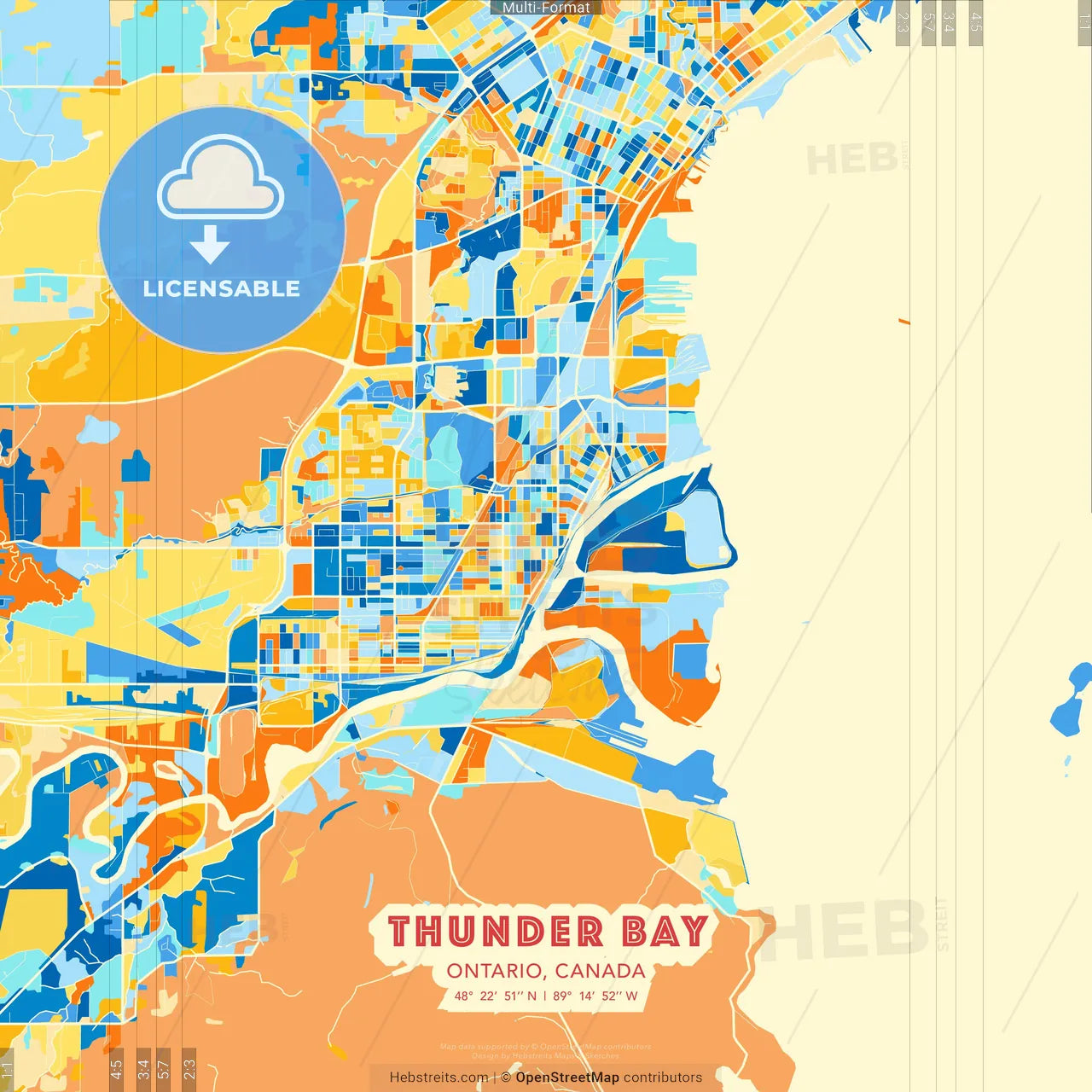 Thunder Bay, Ontario, Canada blue and orange vector art map template