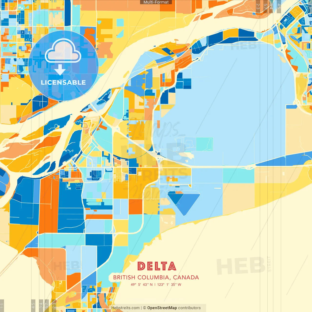 Delta, British Columbia, Canada blue and orange vector art map template
