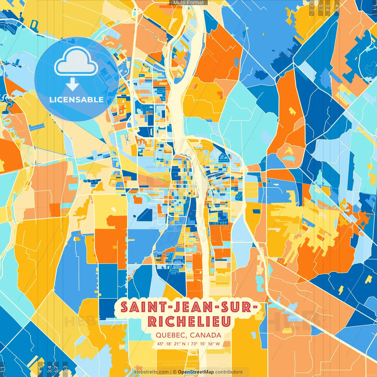 Saint-Jean-sur-Richelieu, Quebec, Canada blue and orange vector art map template