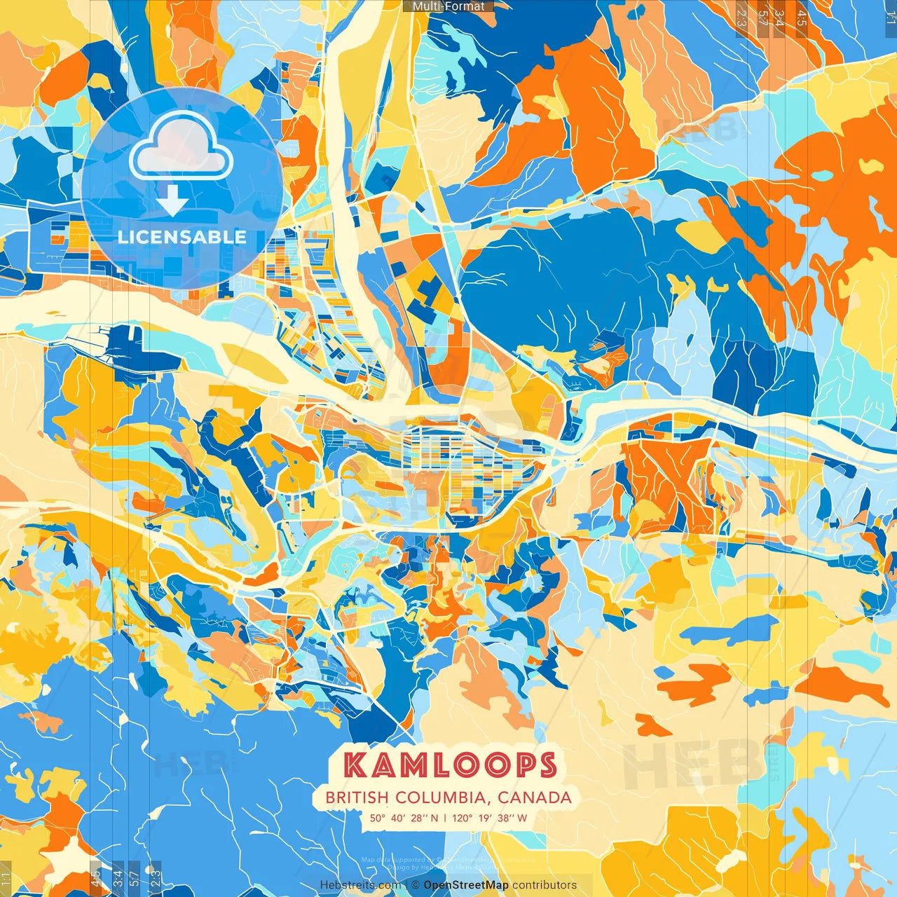 Kamloops, British Columbia, Canada blue and orange vector art map template