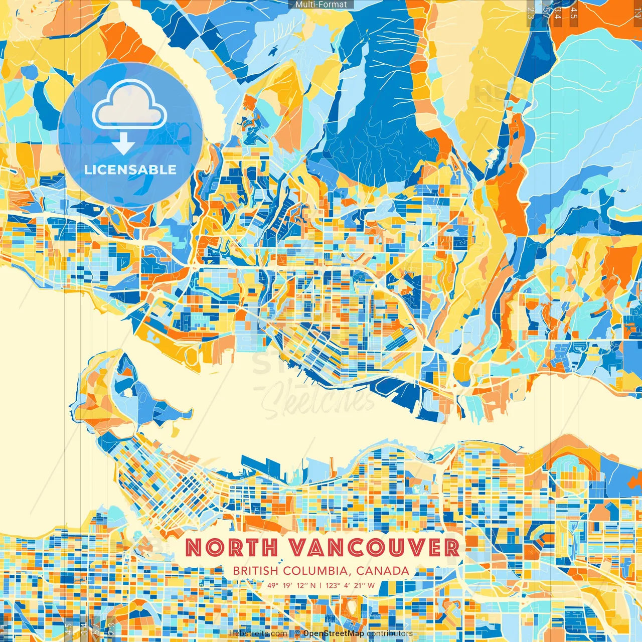 North Vancouver, British Columbia, Canada blue and orange vector art map template