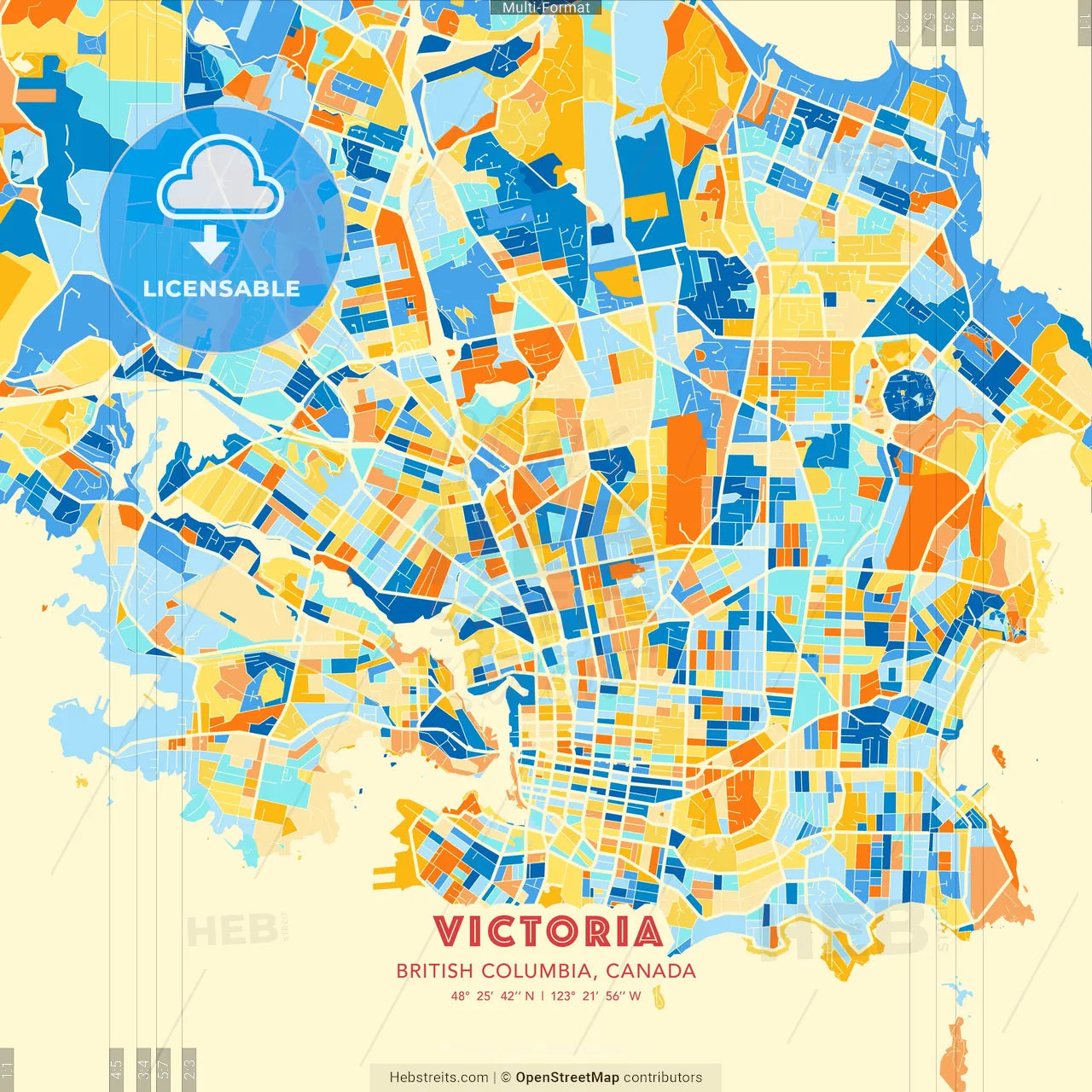Victoria, British Columbia, Canada blue and orange vector art map template