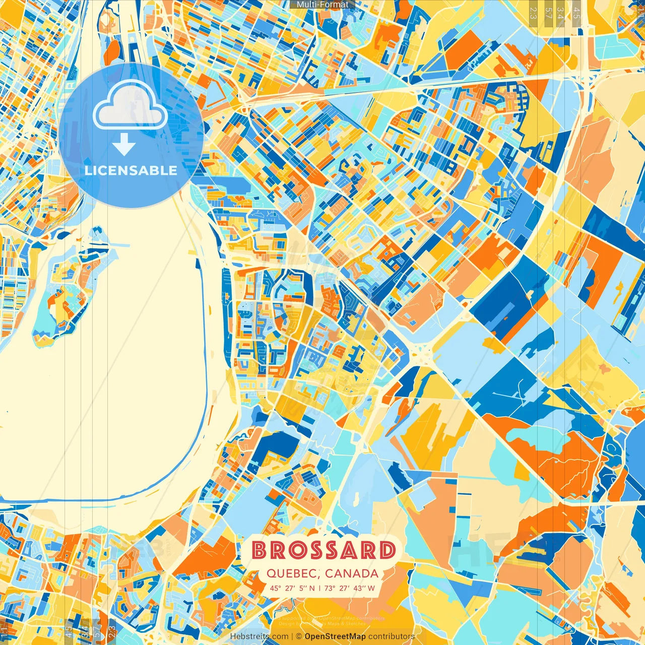 Brossard, Quebec, Canada blue and orange vector art map template