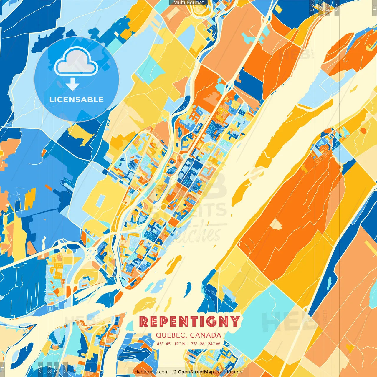 Repentigny, Quebec, Canada blue and orange vector art map template