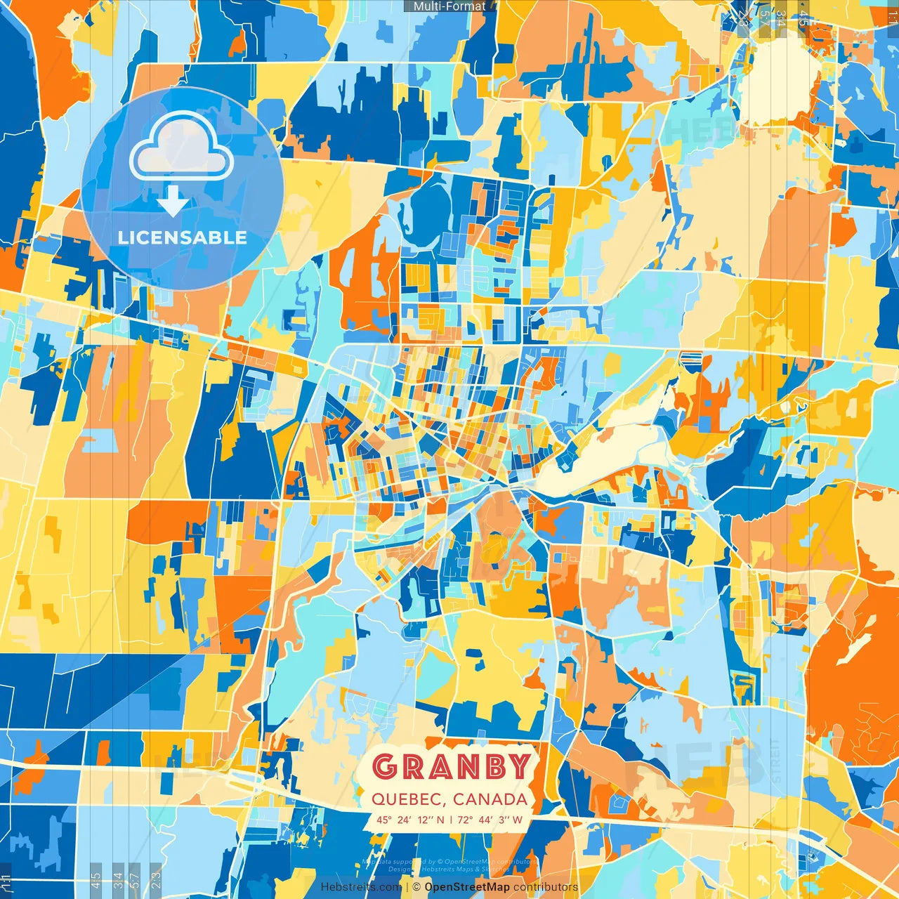 Granby, Quebec, Canada blue and orange vector art map template