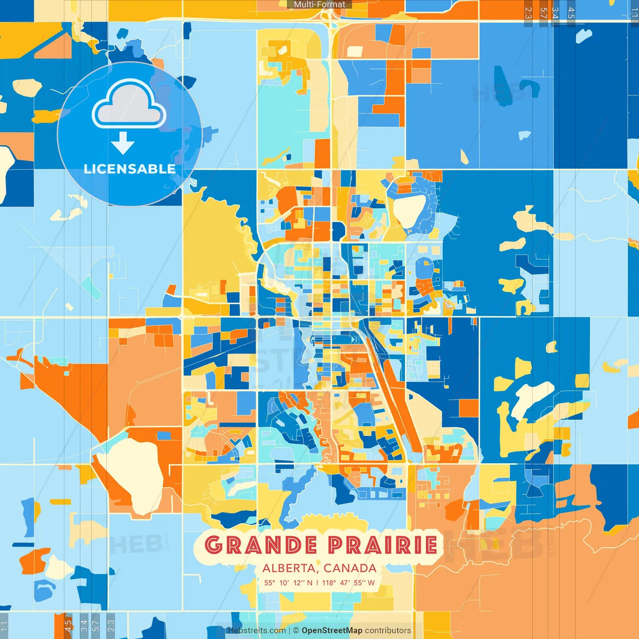 Grande Prairie, Alberta, Canada blue and orange vector art map template