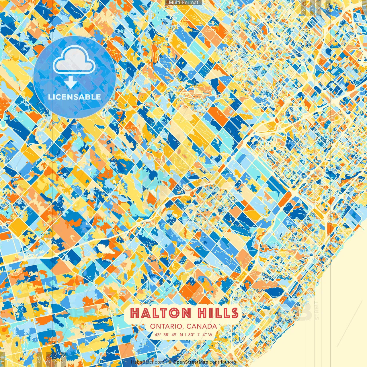 Halton Hills, Ontario, Canada blue and orange vector art map template