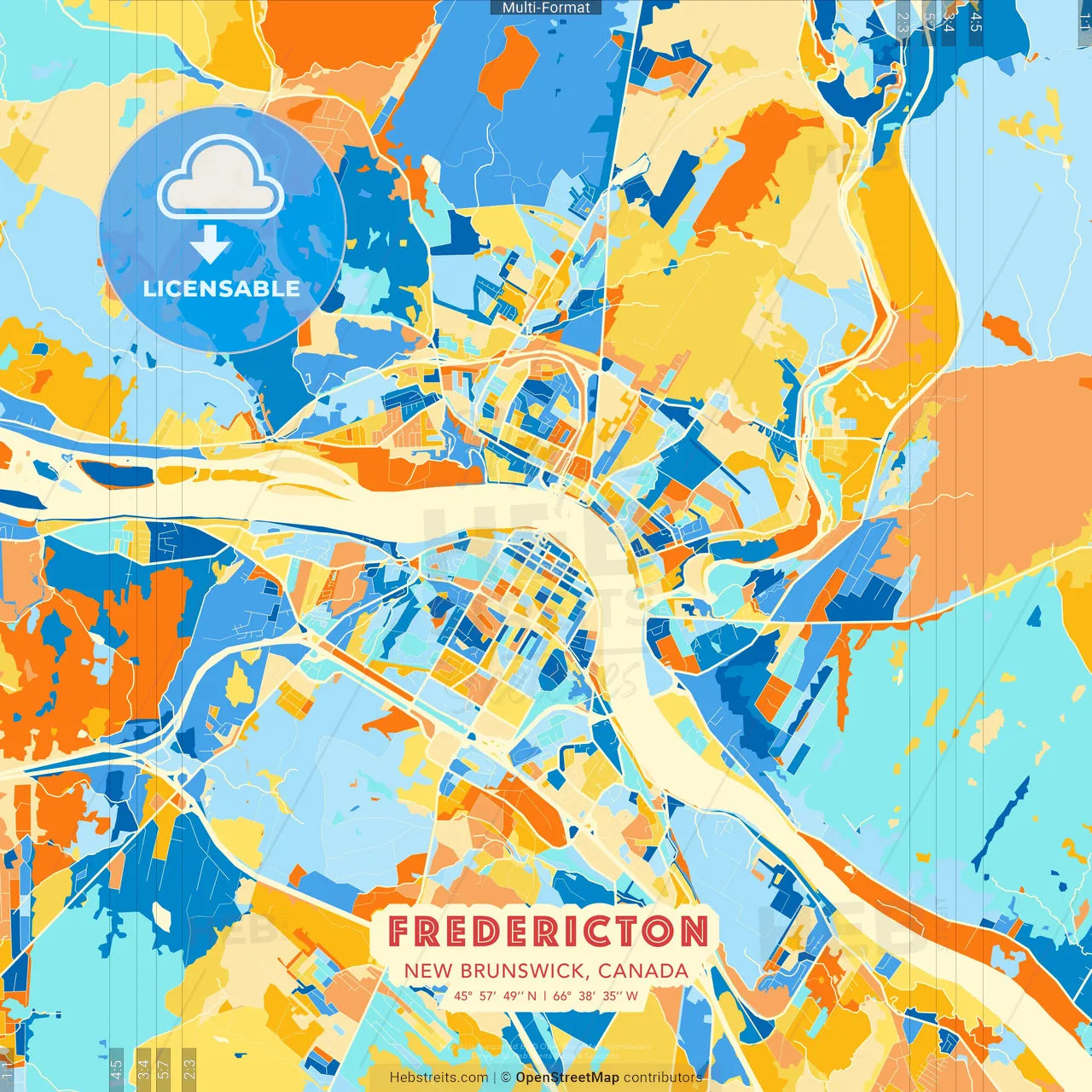 Fredericton, New Brunswick, Canada blue and orange vector art map template