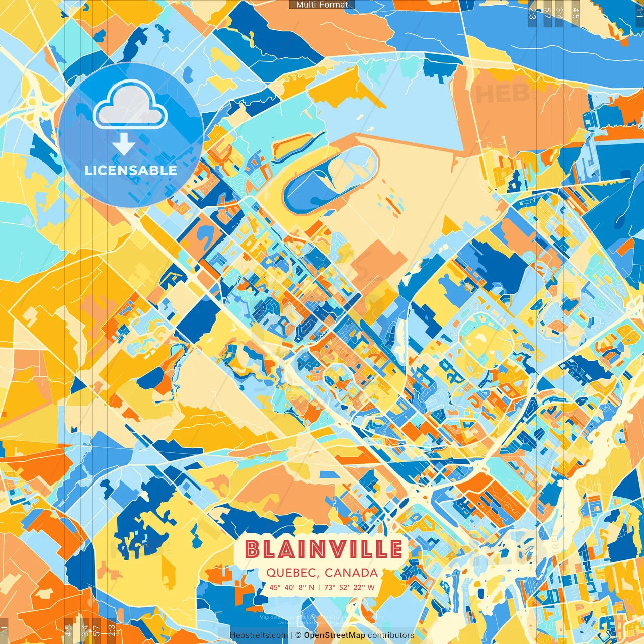 Blainville, Quebec, Canada blue and orange vector art map template