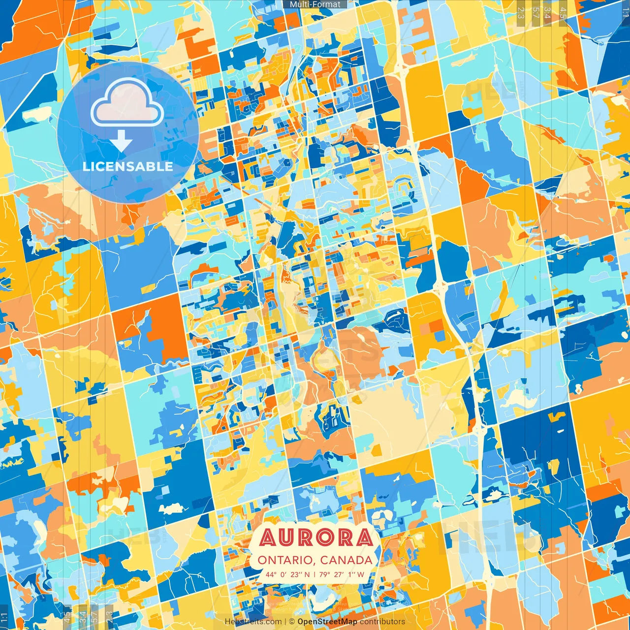 Aurora, Ontario, Canada blue and orange vector art map template