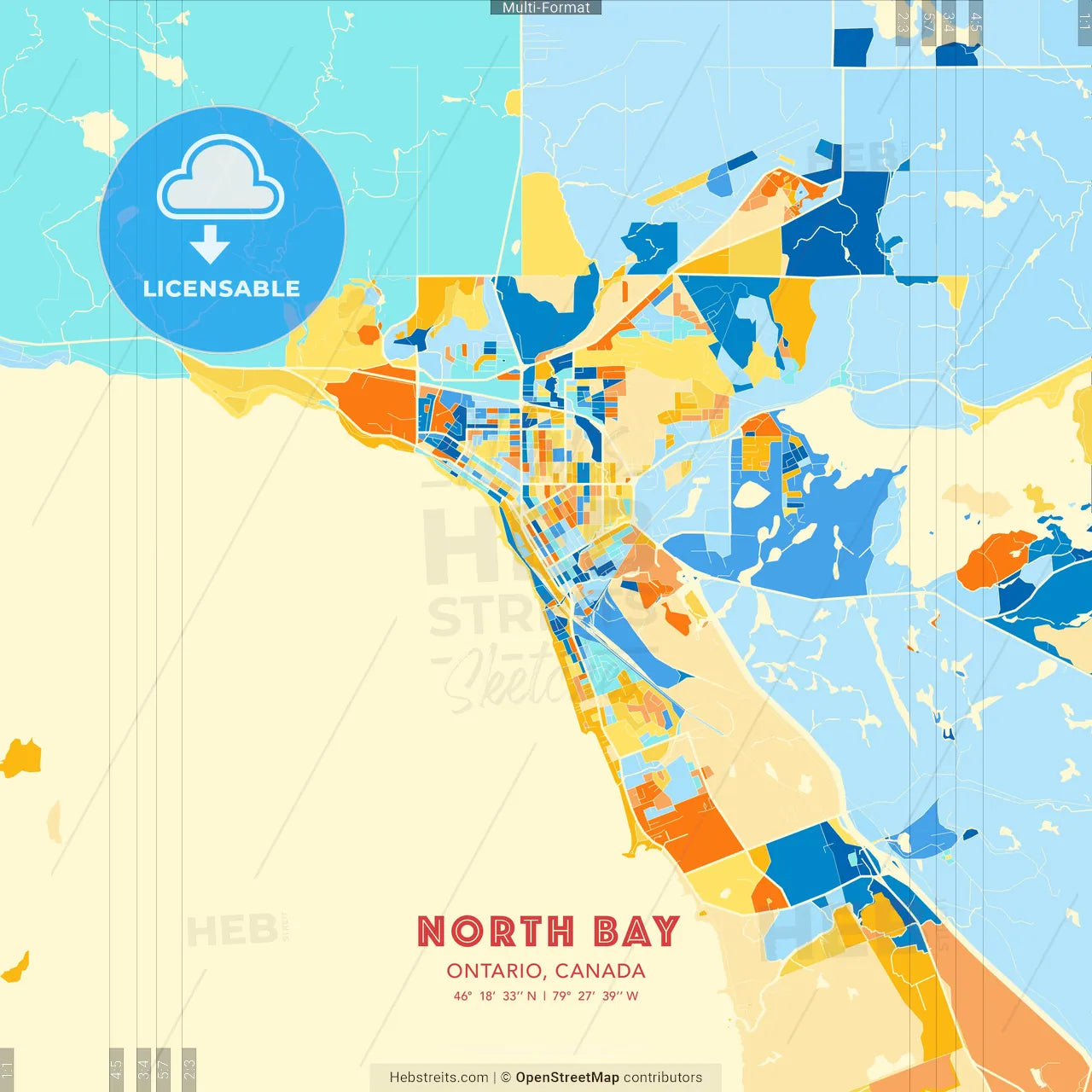 North Bay, Ontario, Canada blue and orange vector art map template