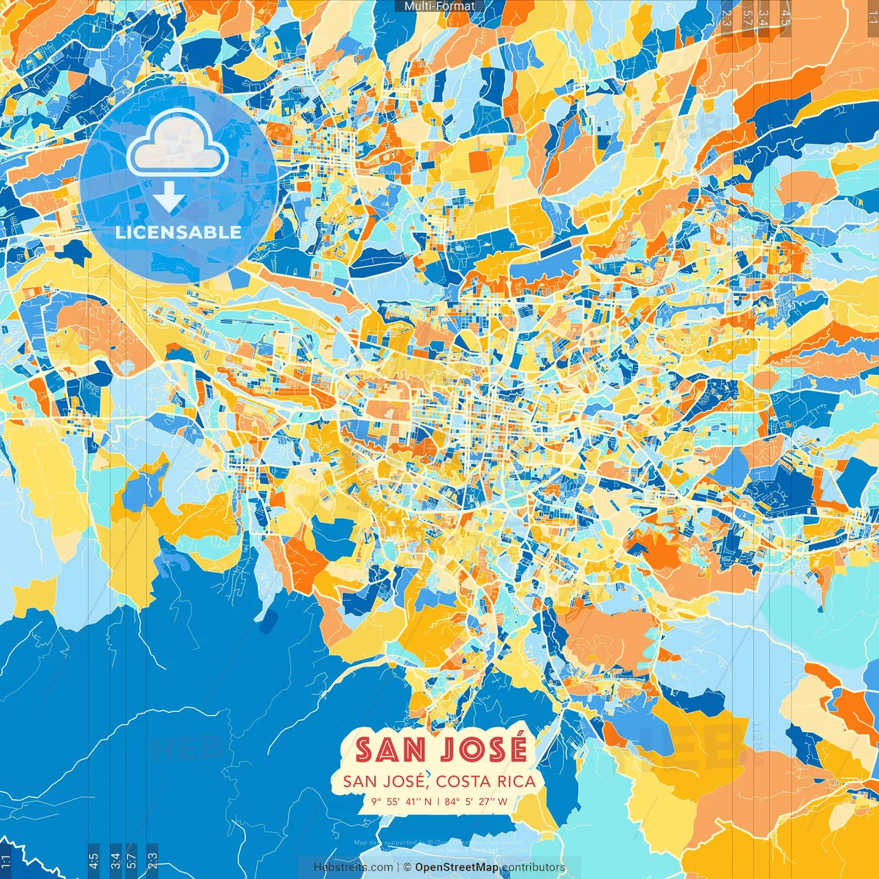 San José, San José, Costa Rica blue and orange vector art map template