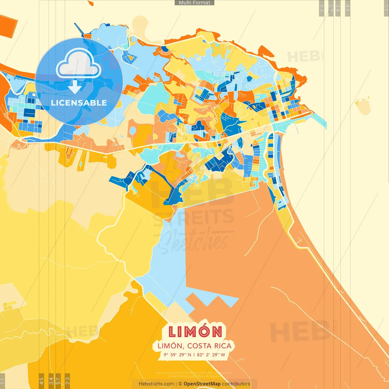 Limón, Limón, Costa Rica blue and orange vector art map template