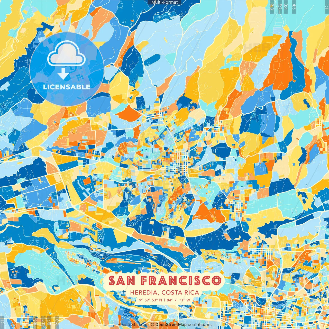 San Francisco, Heredia, Costa Rica blue and orange vector art map template