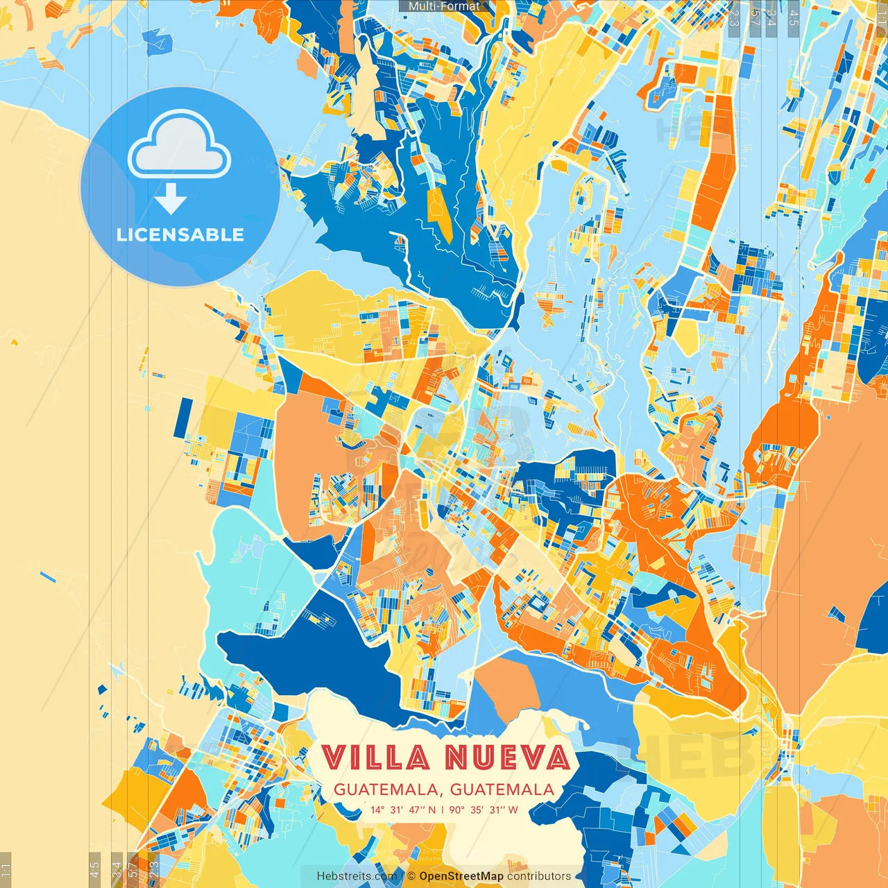 Villa Nueva, Guatemala, Guatemala blue and orange vector art map template