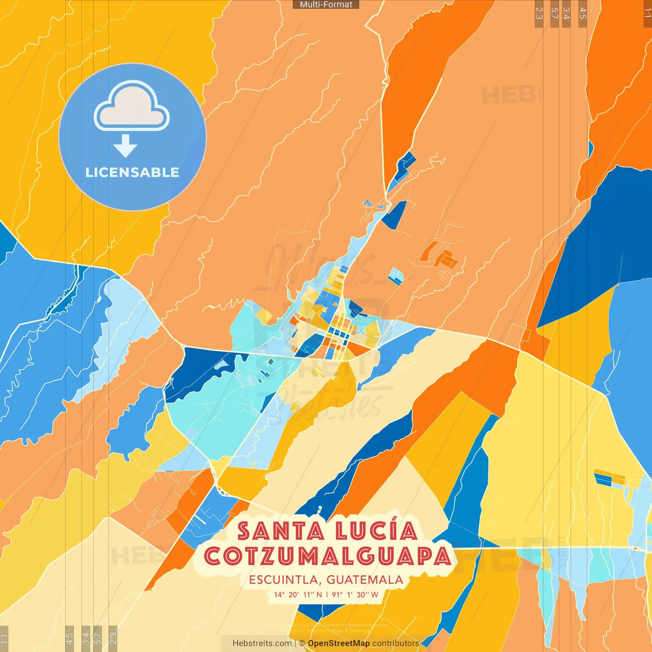 Santa Lucía Cotzumalguapa, Escuintla, Guatemala blue and orange vector art map template