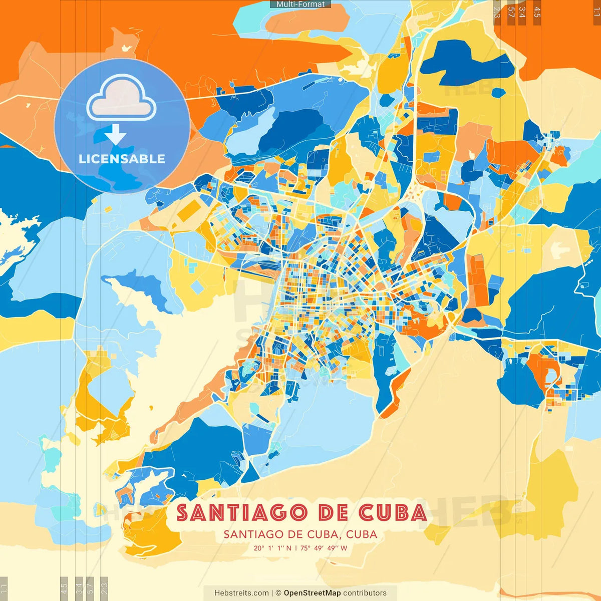 Santiago de Cuba, Santiago de Cuba, Cuba blue and orange vector art map template