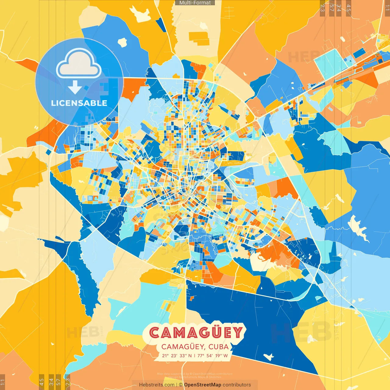 Camagüey, Camagüey, Cuba blue and orange vector art map template
