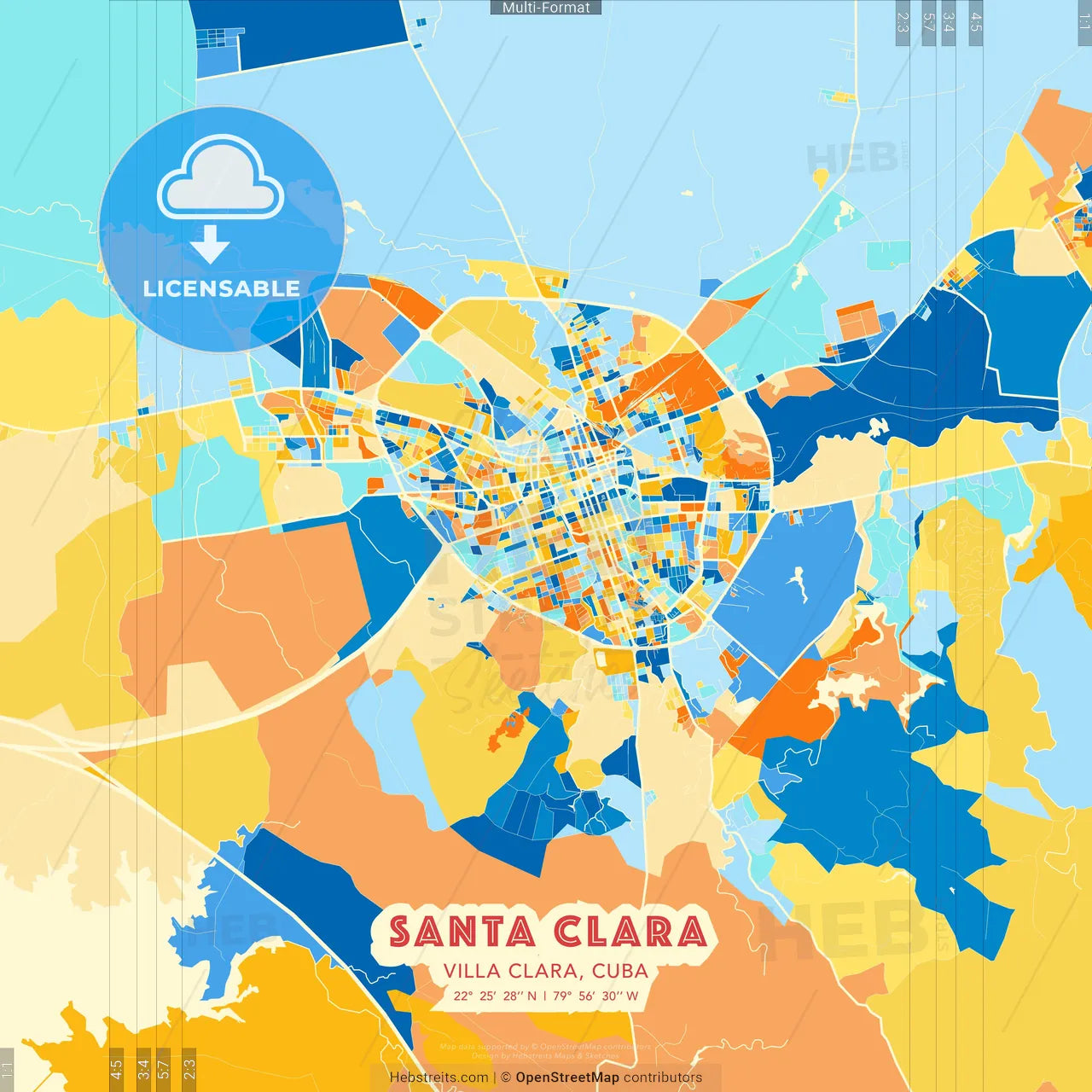 Santa Clara, Villa Clara, Cuba blue and orange vector art map template