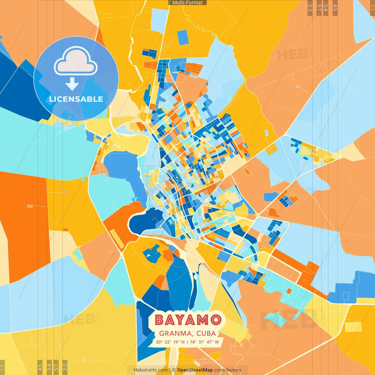 Bayamo, Granma, Cuba blue and orange vector art map template