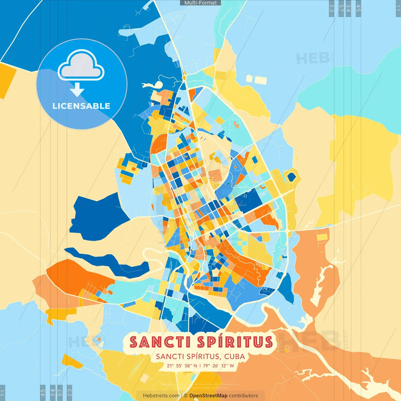 Sancti Spíritus, Sancti Spíritus, Cuba blue and orange vector art map template