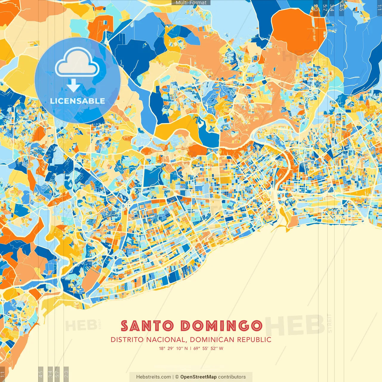 Santo Domingo, Distrito Nacional, Dominican Republic blue and orange vector art map template