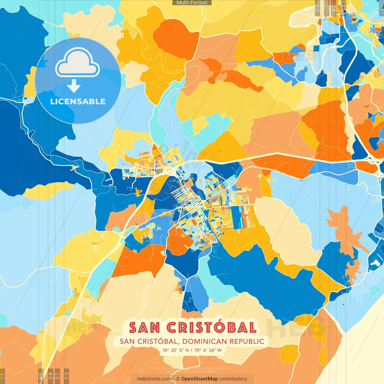 San Cristóbal, San Cristóbal, Dominican Republic blue and orange vector art map template