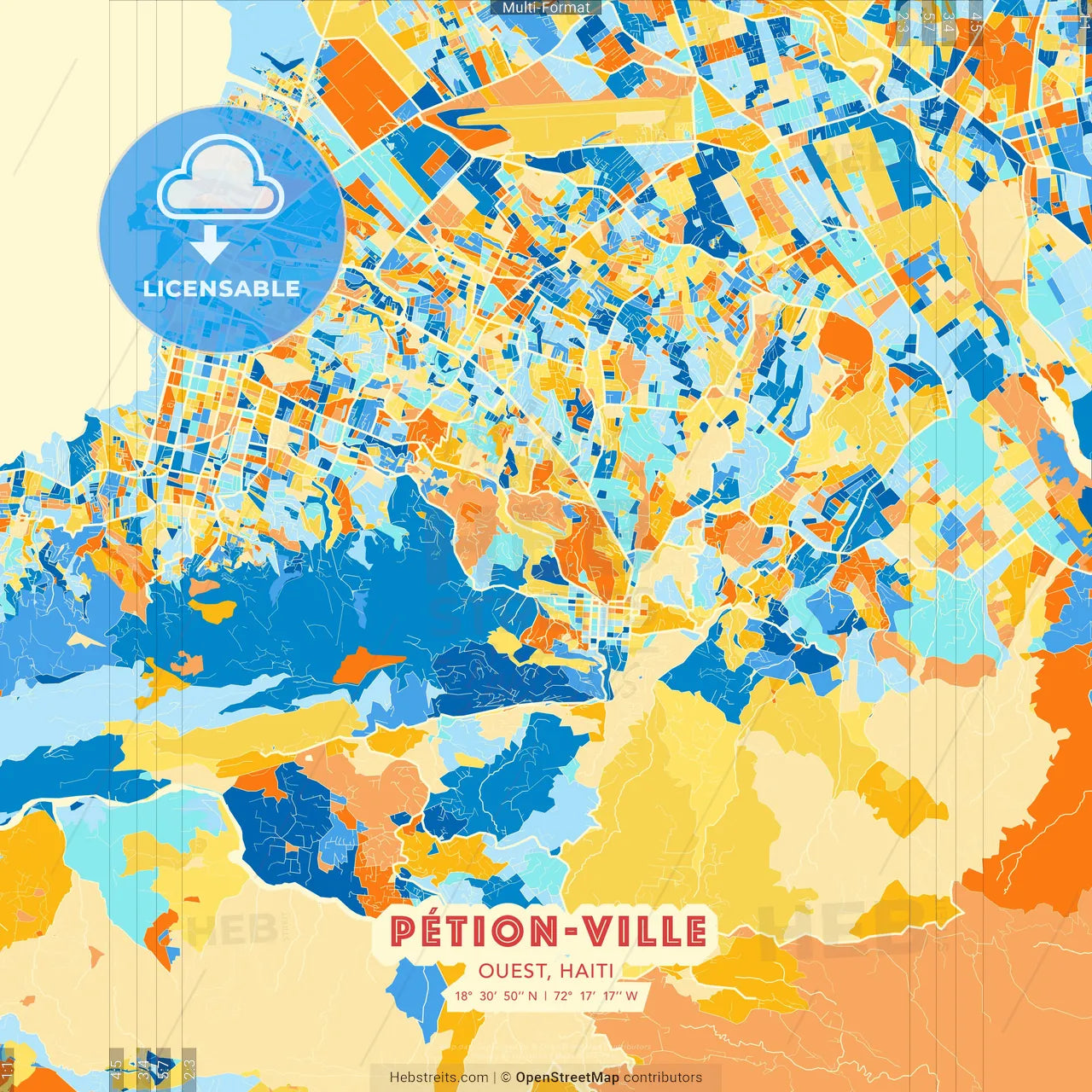 Pétion-Ville, Ouest, Haiti blue and orange vector art map template